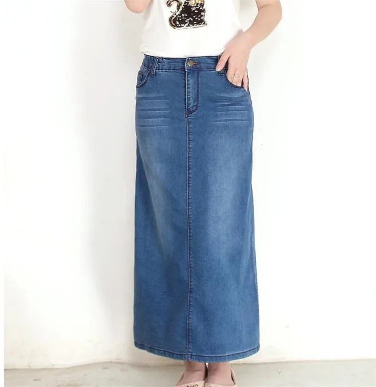 Новая мода, большой размер, высокая талия, эластичная джинсовая юбка, женская летняя длинная джинсовая юбка, женские повседневные трапециевидные юбки G454
