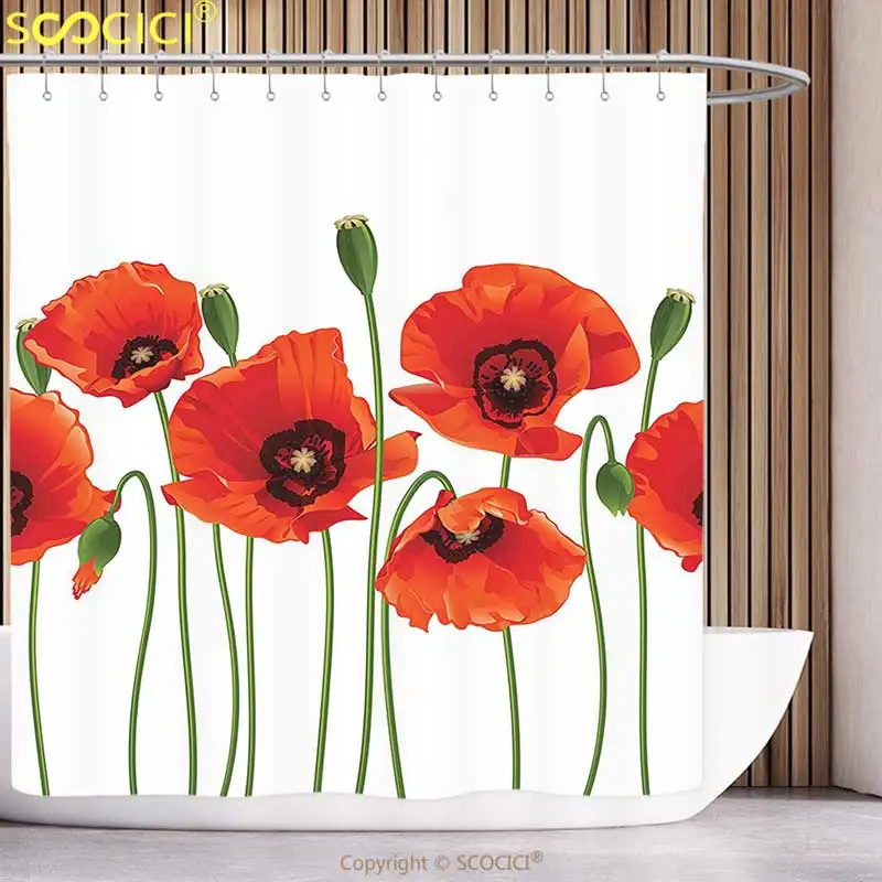 Polyester Shower Curtain Floral Decor Poppies of Spring Season Pastoral Flowers Botany Bouquet Field Nature Theme Art Red | Дом и сад