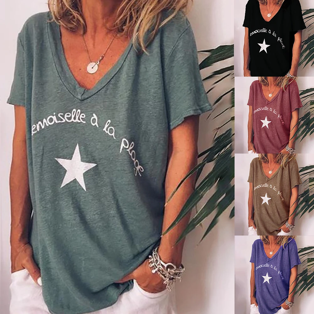 

CALOFE 2019 Summer Women T Shirt Short Sleeve V Neck Letter Pentagram Print Tee Tops Female Fashion Loose Summer Cottom Clothes