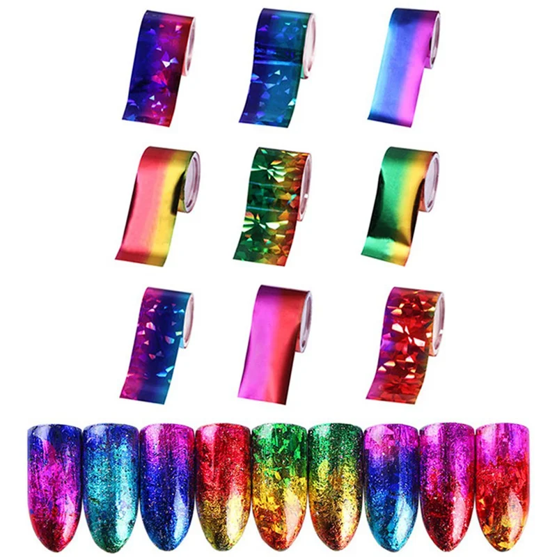 

9 sheets Fashion Holographic Nail Foil Set 8.5-5cm Transparent AB Color Diamond Transfer Sticker Manicure Nail Art Decals