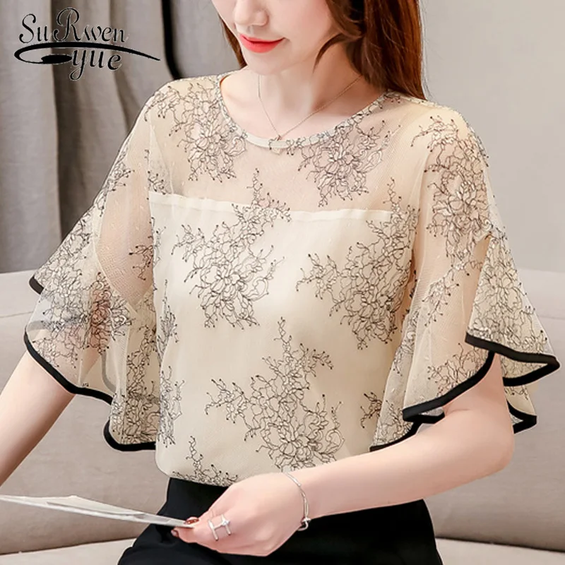 

womens tops and blouses summer flare short sleeve women shirts Mesh stitching lace women blouse shirt womens clothing 3546 50