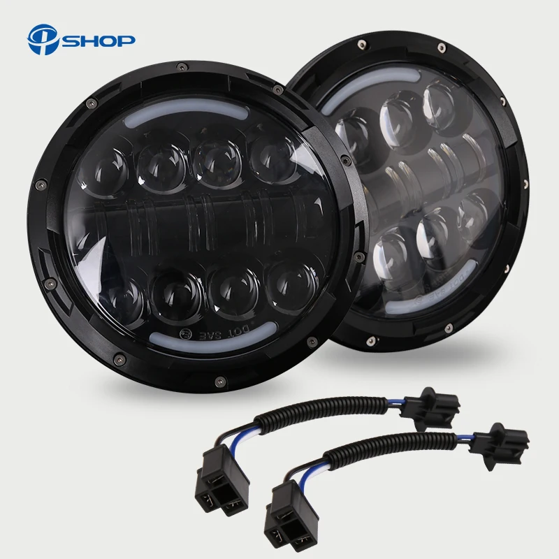 

1pair 7 inch 80W Round LED Headlights H4 DRL White/Amber Turn Signal Lights with adapter for JEEP wrangler TJ 4x4 Niva off-road