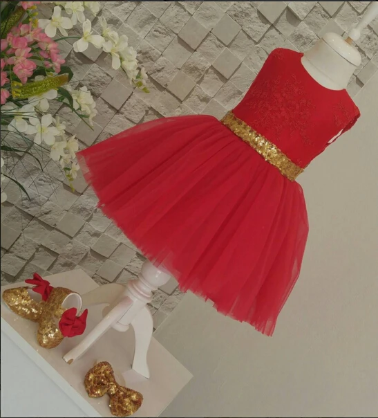 Red /Ivory scoop sheer lace flower girl dress with gold sequin bow formal gown for holy communion birthday prom