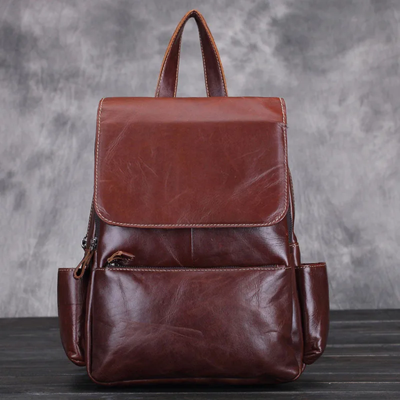 YIANG Genuine Leather Luxury Women Vintage Backpack Oil Wax Cowhide Travel Casual Designer Female Retro Book Daypack Bag