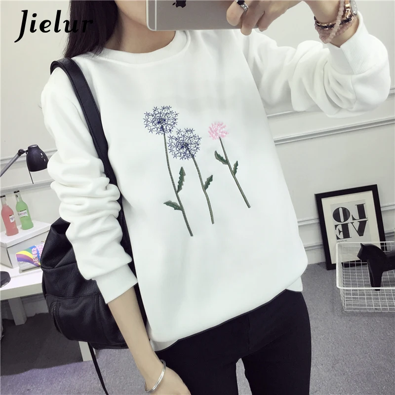 Jielur Одуванчик вышивка флис sudaderas mujer 2019 Новый Белый Синий базовый шик толстовки