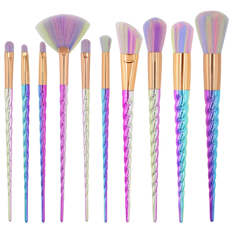 

10pcs Unicorn Makeup Brushes set With Colorful Bristles Unicorn Horn Shaped Handles Fantasy Makeup Tools Foundation Eyeshadow