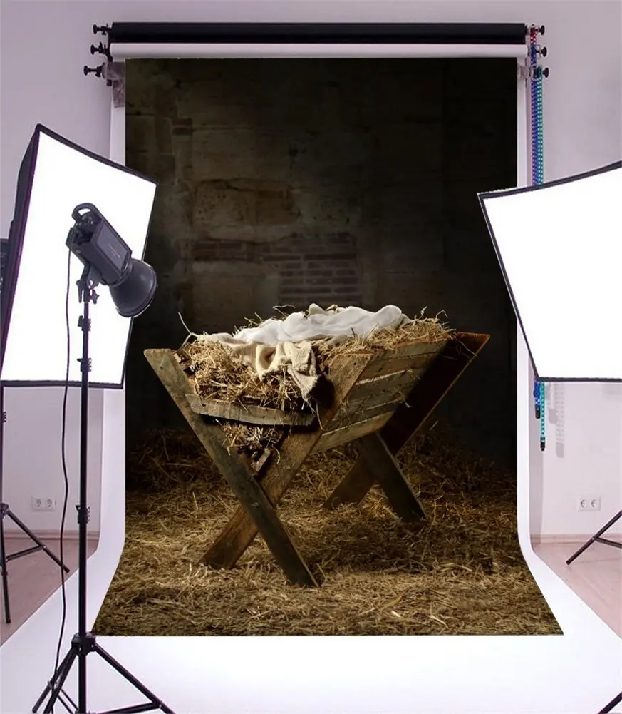 

Photography Backdrop Barn Straw Hay Bale Wood Manger Gloomy Brick Wall Interior Autumn Photo Background Party