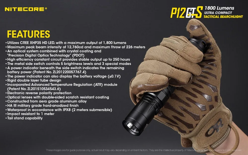 NITECORE P12GTS ручной тактический фонарь Cree XHP35 HD светодиодный Макс 1800 люмен луч бросок 226 м уличный фонарь для силовых органов