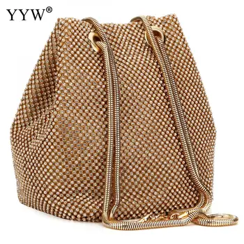 

Lady Diamond Bucket Bag Rhinestone Clutches Crossbody Bags Women Shoulder Bag Evening Party Gold Chain Tote 2018 Fashion silver