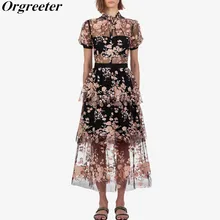 Сетчатое платье с блестками и цветком вишни, Новое поступление, черное платье с блестками и цветочным принтом, длинное платье с коротким рукавом