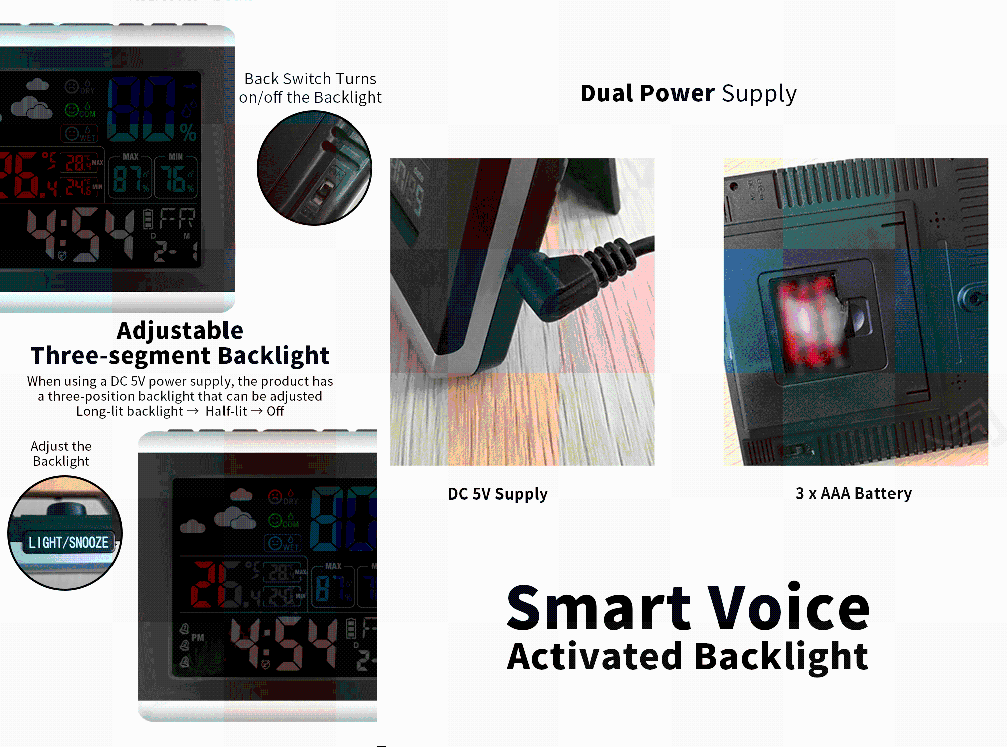 DC-005, цифровые беспроводные Часы с цветным экраном, USB, с подсветкой, метеостанция, термометр, гигрометр с календарем, голосовое управление