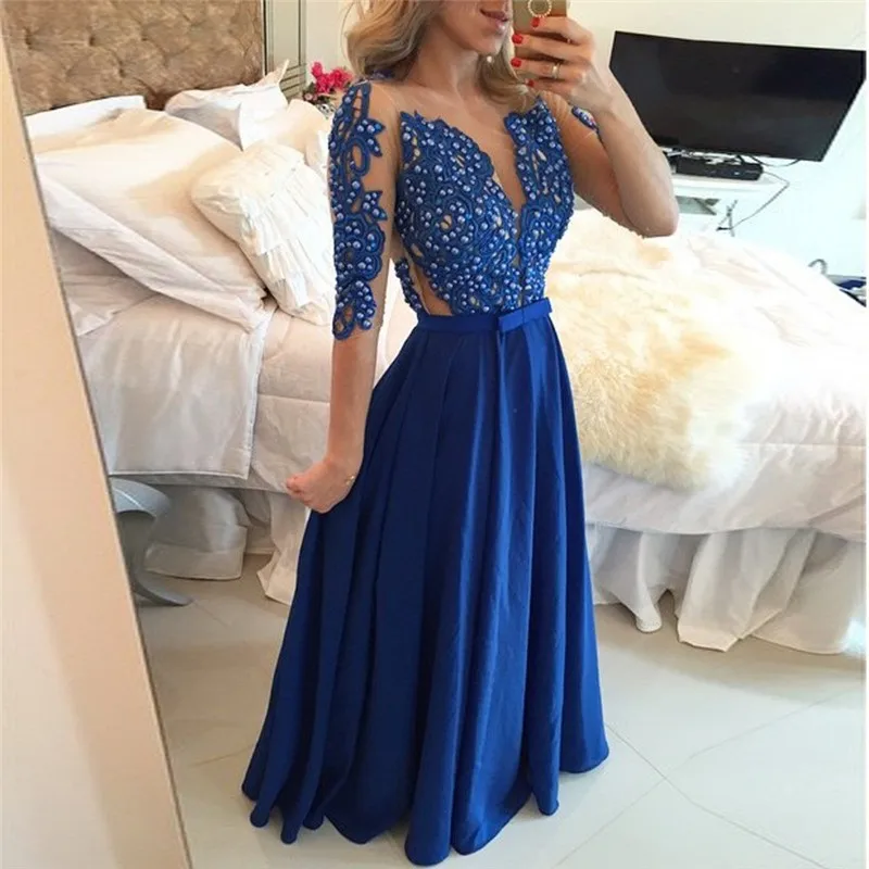 Top Quality Royal Blue Sheer Lace Appliques Long Prom Dresses 2019 Half Sleeve Backless Floor Length Party Dress Vestido De Gala satin prom dress