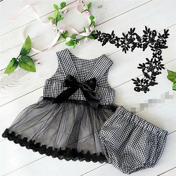 

2PCS Cute Infant Baby Girl Plaid Clothes Sets Sleeveless Lace Bow Tutu Dress Tops+Shorts Pants Summer Outfit Clothes