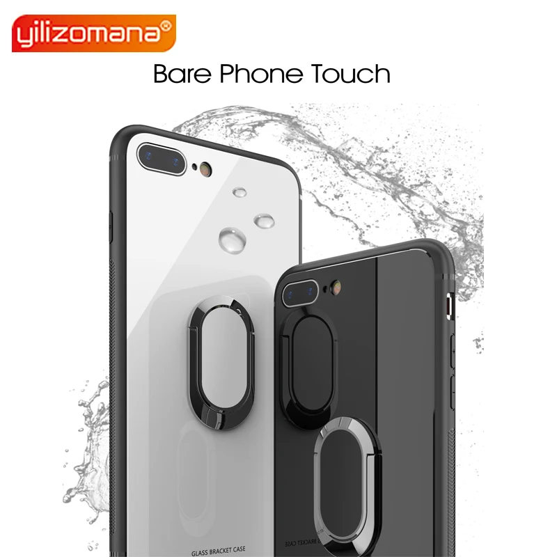 

YILIZOMANA Thin Tempered Glass Phone Case Ring Holder Back Cover for iPhone 6 6S 7 8 Plus X Magnetic Car Ring Back Holder Cover
