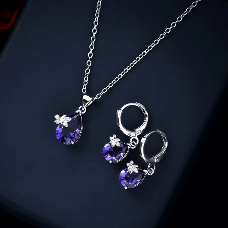 OMHXZJ, индивидуальная мода, OL, женская фиолетовая бабочка, циркон, 925 пробы, серебряные серьги+ ожерелье, ювелирный набор SE12 - Цвет камня: jewelry set