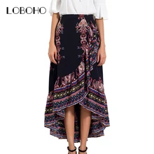 Печатных шифон длинная юбка осень Новое поступление года асимметричной оборкой бохо-юбка Высокая талия эластичные модные макси Юбки женские
