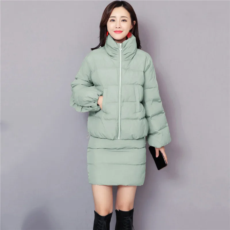 

two piece set women M-2XL plus size new long sleeve parka and skirts 2 piece sets green wine red fashion clothing feminina LR314