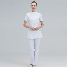 Шею короткий рукав лето Для женщин медсестра медико работы Костюмы регулируемый пояс топы, штаны комплект больницы медицинские хирургические халаты униформа