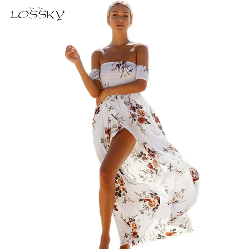 

Women Off Shoulder Summer Bohemian Beach Dresses Printed Floral Vintage Chiffon White Maxi Dress Long Ladies Dress Sundress 2018