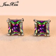 JUNXIN принцесса квадратные серьги для женщин мужчин 925 Серебро Черный Зеленый Фиолетовый Синий Циркон Радуга серьги из камня
