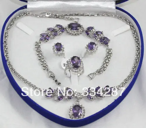 Lovely Sets Purple amethysts pendant necklace bracelet silver color Stud earring Ring | Украшения и аксессуары