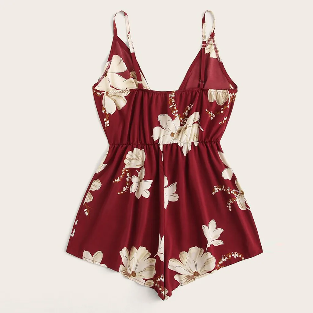 

Women's Flowers Plants Printing Red Deep V Neck Pleat Elastic Waist Straps Sling Backless Pants Summer Clothing Ladies Playsuits