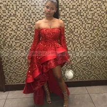 Red Off Shoulder High Low Prom Dress Long Sleeves Sparkly Sequin Ruffles Plus Size African Graduation Dress Formal Gowns
