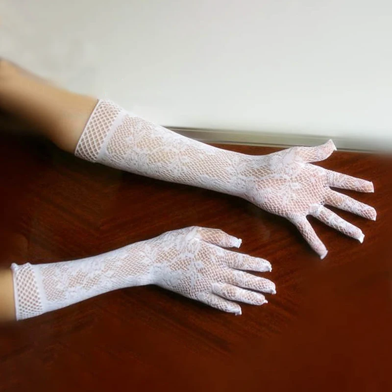 

2019 New Fashion Sexy Stretch Lace Gloves Opear Length Women Long Black White Red Summer Sunscreen Breathable Floral Print Party