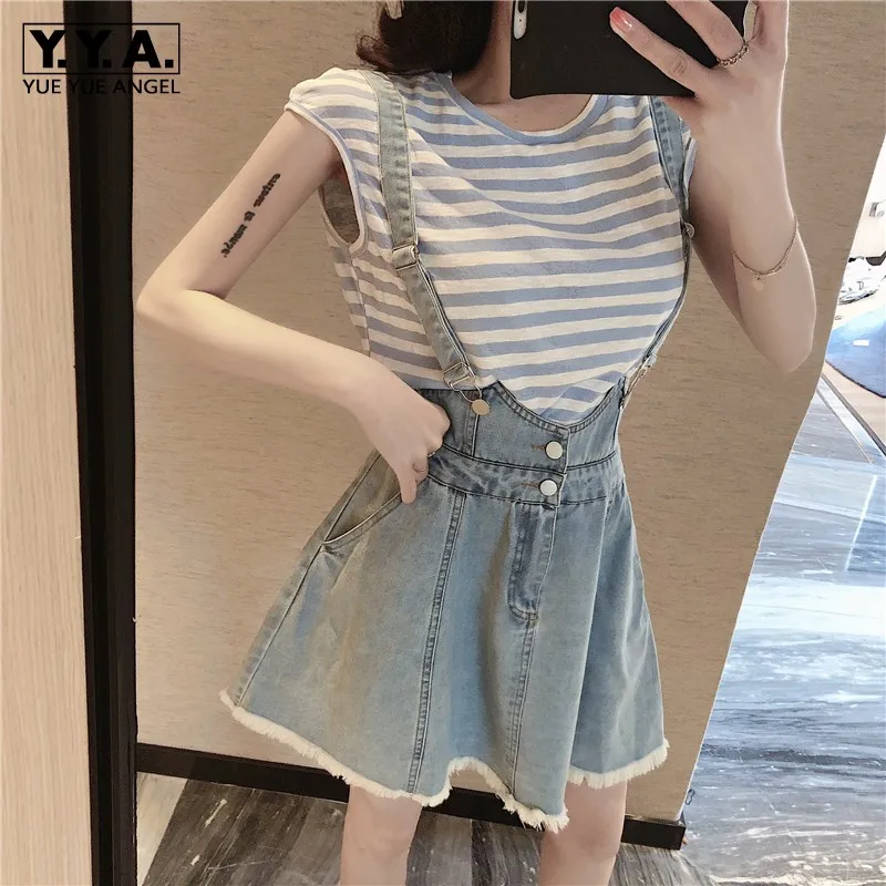 

Girls Summer Kawaii Striped T-shirt Denim Suspender Skirt Two Piece Set Women Casual Outfits High Waist Mini Skirt Sets Ensemble