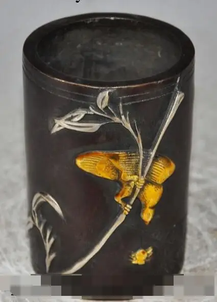 

S01270 old Chinese bronze gilt bird Capture Spider lucky statue brush pot pencil vase (B0413)