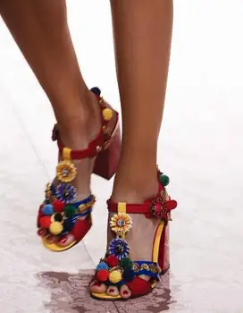 

Carpaton Runway High Heel Sandal for Woman Peep Toe Colorful Pom Pom Decorations Thick Heels Shoes T-strap Flower Party Shoes