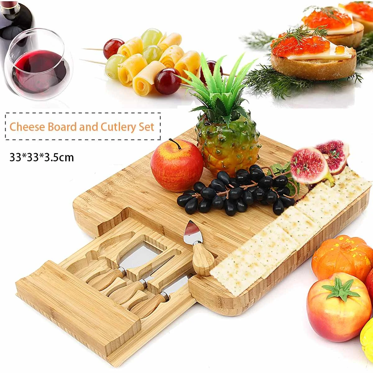 

Natural Bamboo Cheese Board With Cutlery Knife Set Slide Out Drawer Wooden Platter 4 Small Wood Handle Cutting Knives