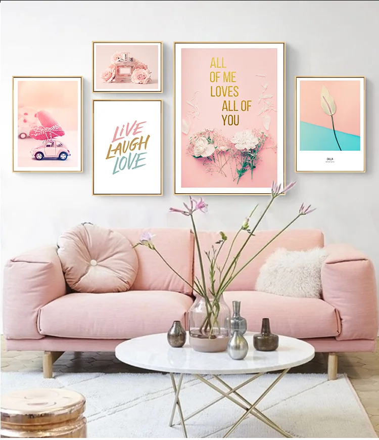 

Modern Pink Fashion Love Live Laugh Rose Canvas Paintings POP Poster and Print Wall Art Pictures for Bedroom Wedding Home Decor