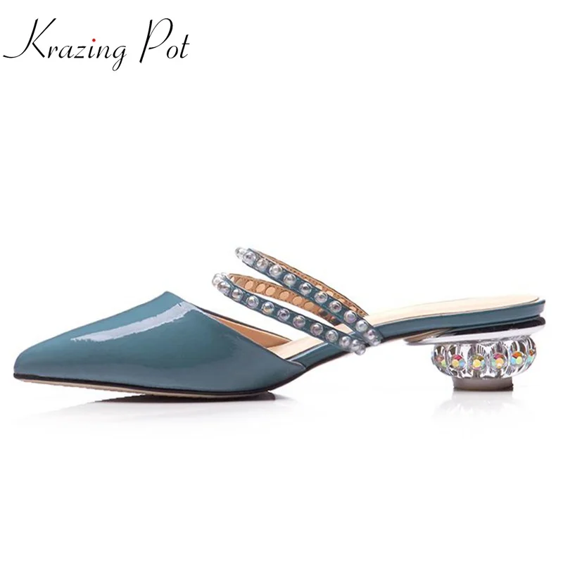 

Krazing pot natural cow leather diamond-studded strange style crystal heels pointed toe elegant sandals luxury slip on mules L26