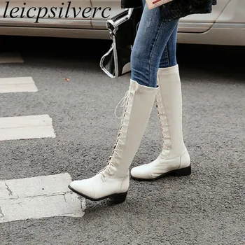 

Women Boots Winter Simple and Versatile Solid Color Fashion European and American High Boots Round Toe Pu Lace Up Knee High