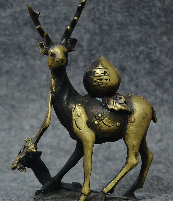 

5" Old China FengShui Bronze Sika deer Carrying Longevity Peach Bat Fu Statue