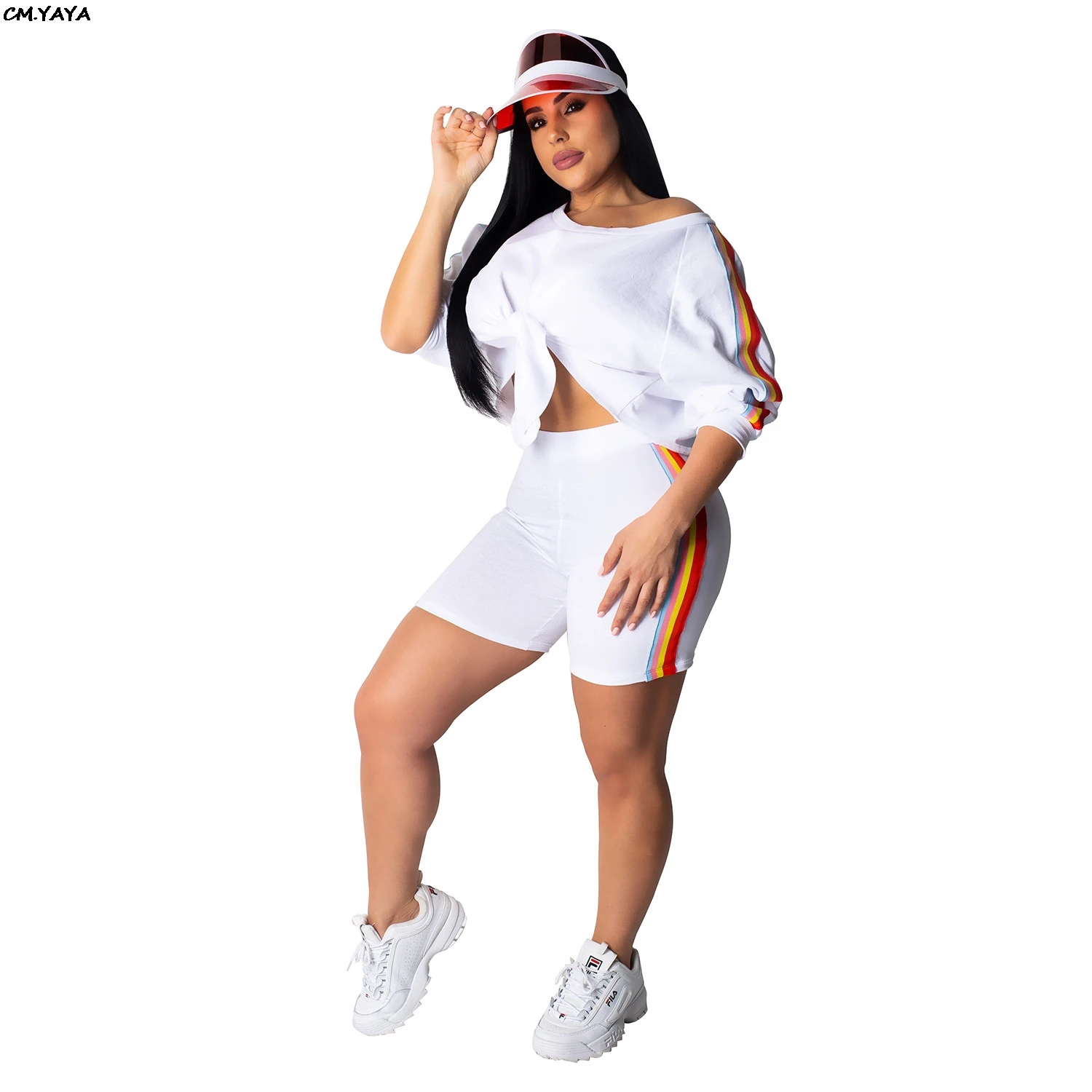 

2019 summer women stripes splicing o-neck tie up tee top shorts suit two piece set tracksuit sporting outfit T3315H