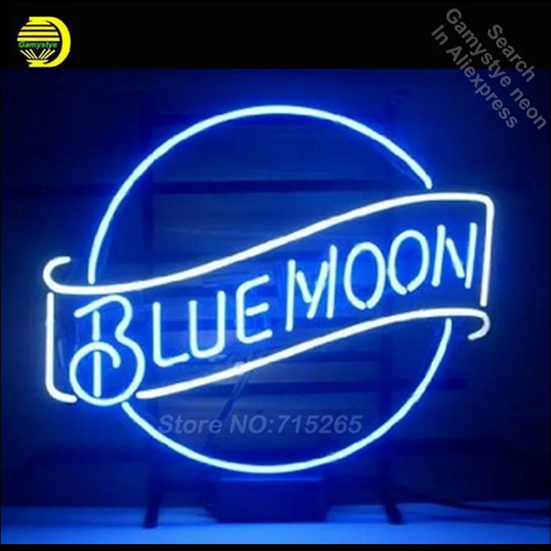 Синяя неоновая светосветильник вывеска Moon настоящая стеклянная трубка ручной