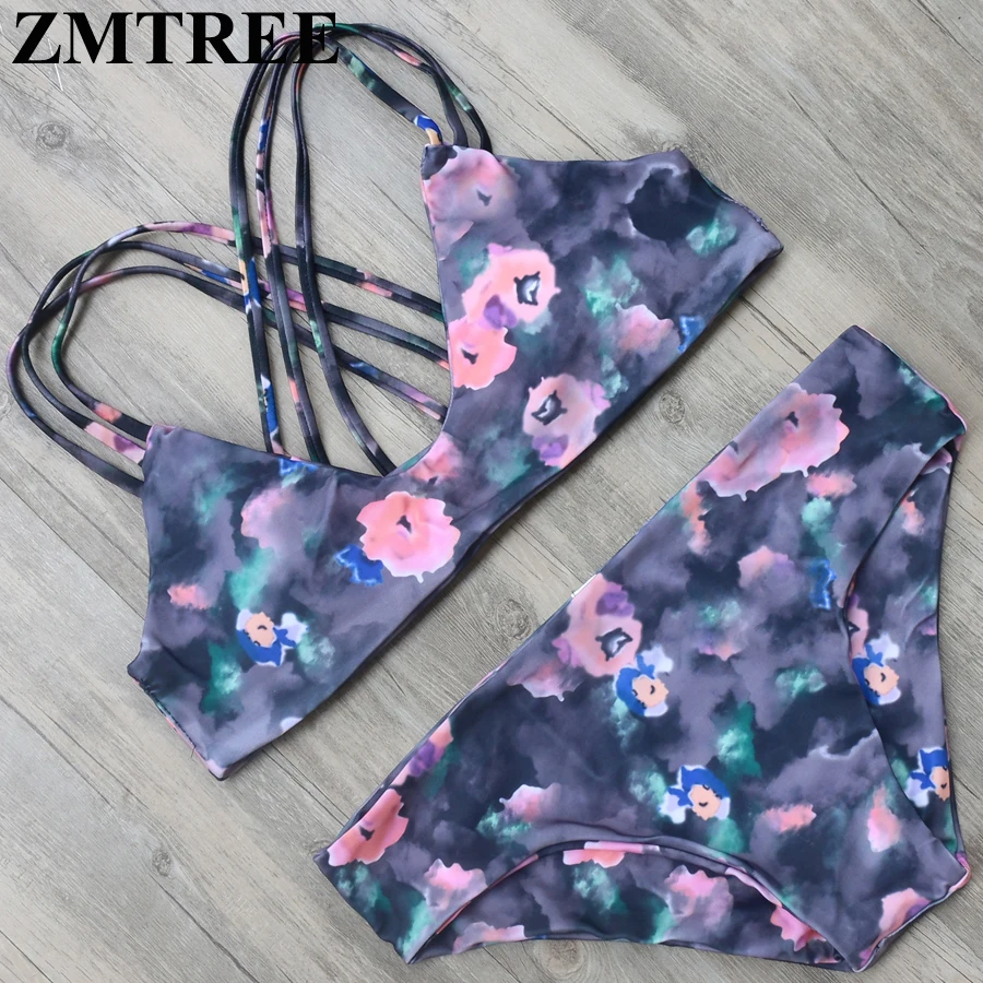 

ZMTREE 2017 Floral Printed Bikini Women Bandage Bikini Set Corss Back Swimwear Low Waist Double-Sided Swimsuit Biquini Beachwear