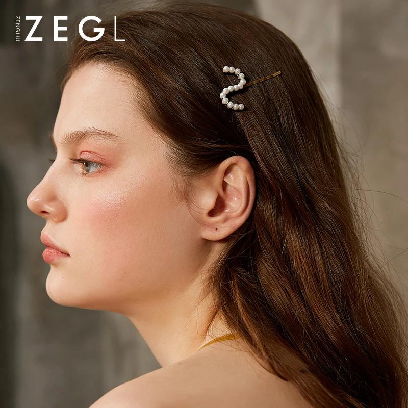 

ZEGL letters flowing sea hairpin female hair accessories net red temperament imitation pearl hairpin clip bangs clip