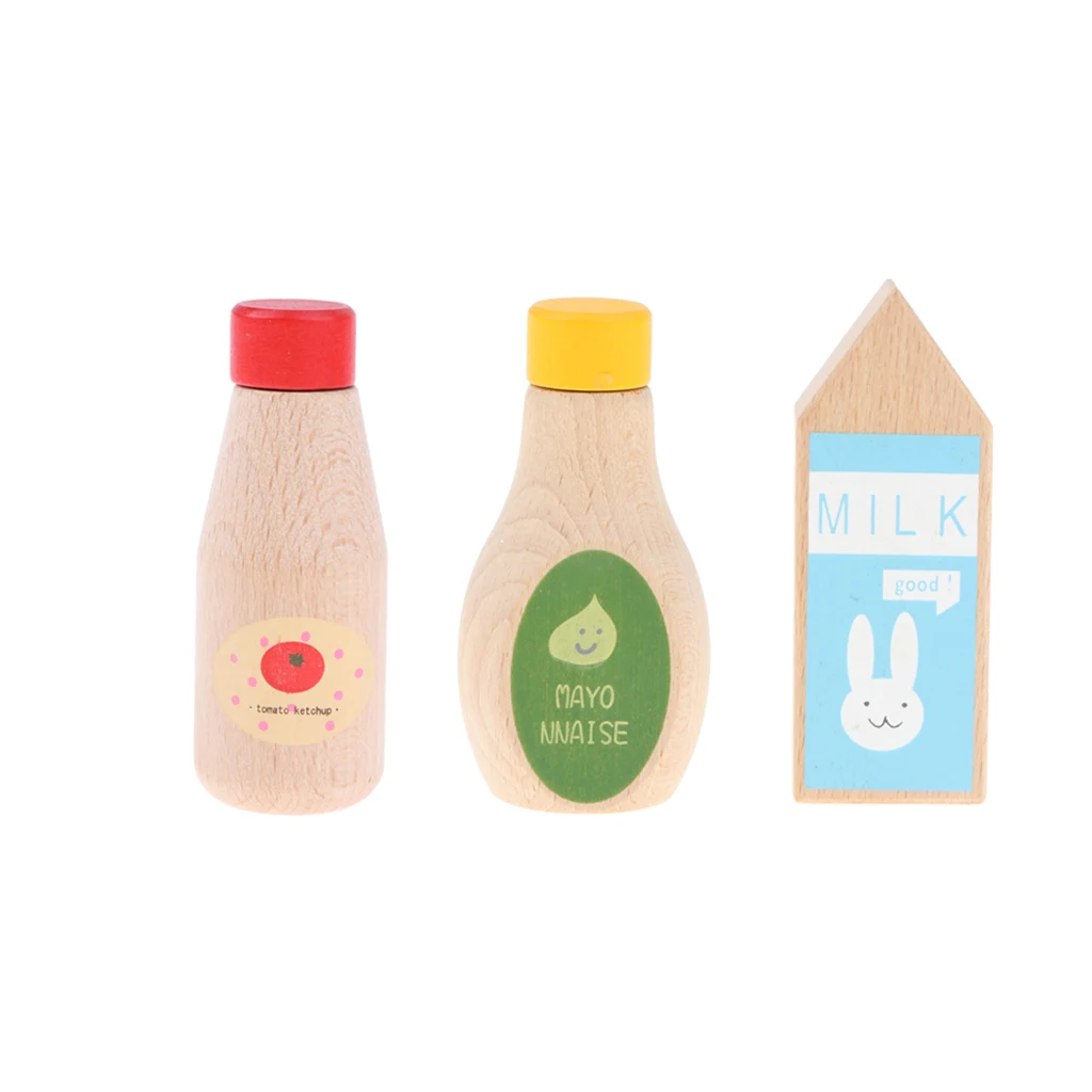 3pcs Wooden Ketchup Tomato Mayonnaise Milk Bottle - Kitchen Cooking Pretend Play Game Kid Child Developmental Toys
