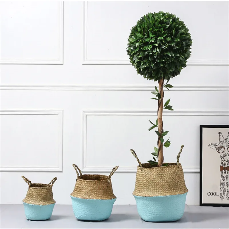 WHISM Seagrass Belly Flower Basket Hit Color Storage Bag Organizer Wicker Plant Pot Home Decor Vase Pots Rattan Nursery Pot