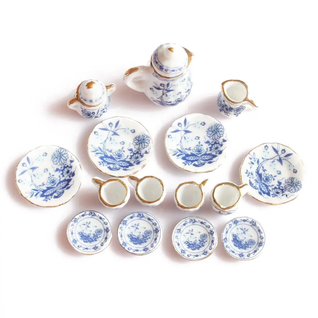 ABWE лучшие продажи 1/12th столовая посуда Китай Керамика Чай комплект куклы миниатюрный дом синего цвета с цветочным узором