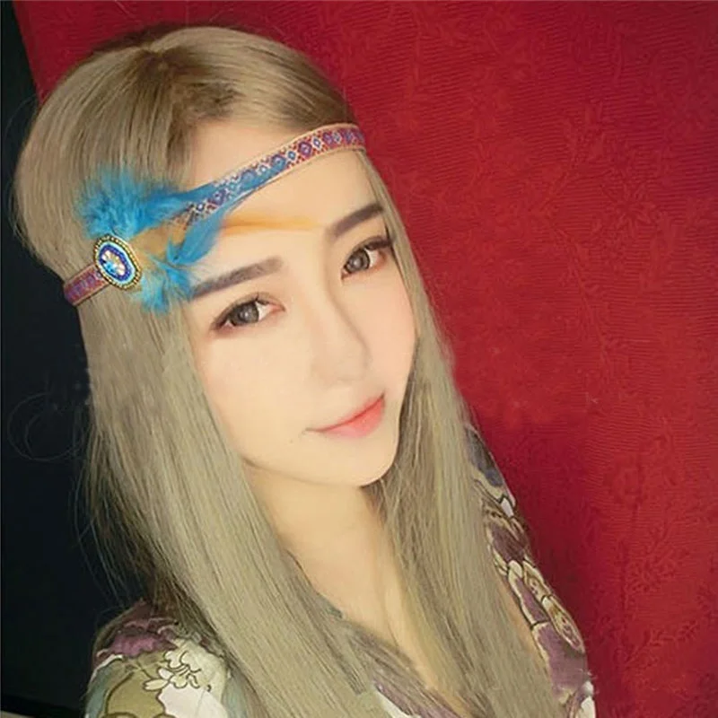 

Summer Fashion 1X Boho Hippie Feather Leaf Hairband Headwear Tassels Weave Headband Elastic Headdress Accessories