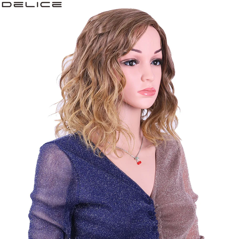 

Delice Women's Short Curly Ombre Wig Side Part Synthetic Kinky Curl Cosplay Brown Blonde Full Wigs