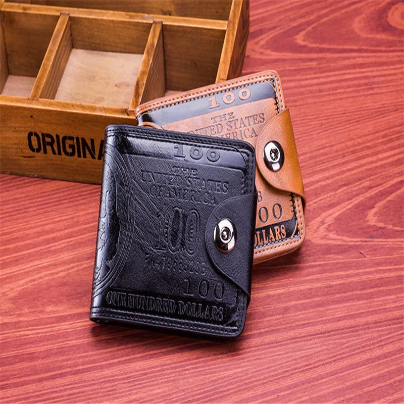 

New Personality Men Wallet Magnetic Buckle Leather Purse Creative Hundred US Dollars Short Purse Multifunction Card Photo Holder