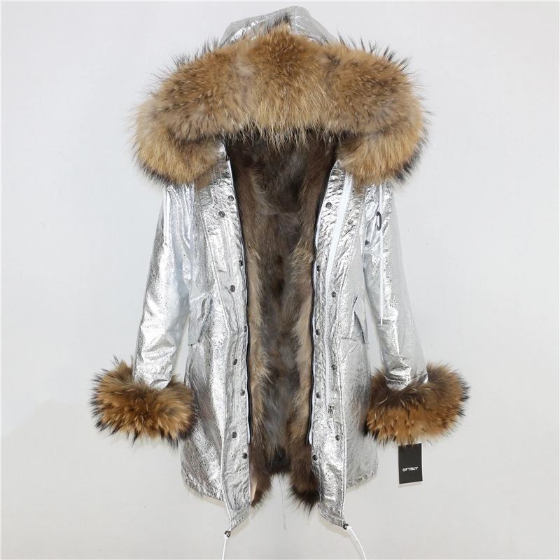 Бренд, зимняя женская куртка, пальто из натурального меха, длинная парка, воротник из натурального меха енота, подкладка из натурального Лисьего меха, съемная уличная одежда, новинка - Цвет: silver natural XD