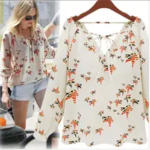 Nice Summer Autumn Style Nice v-neck Tether Long Sleeve Color Dove Printing Chiffon Shirts WoMen Clothing blouse&shirts