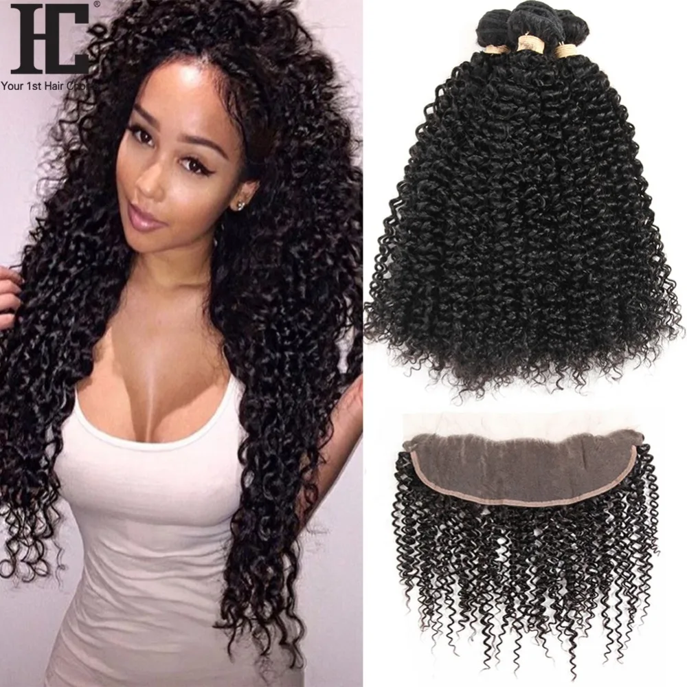 Malaysian Kinky Curly 3 Bundles With Frontal Human Hair Weave 13x4 Pre Plucked Lace Frontal