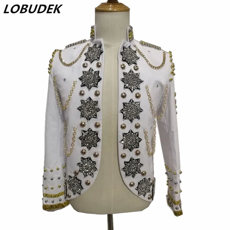 

High Quality Men Jacket Sparkly Rhinestones Gold Beading Jackets Slim Coat Nightclub DJ Rock Singer Stage Clothing Star Costumes